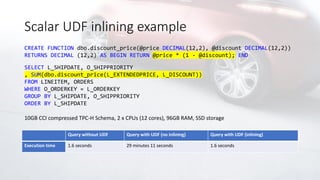 Scalar UDF inlining example
Query without UDF Query with UDF (no inlining) Query with UDF (inlining)
Execution time 1.6 seconds 29 minutes 11 seconds 1.6 seconds
CREATE FUNCTION dbo.discount_price(@price DECIMAL(12,2), @discount DECIMAL(12,2))
RETURNS DECIMAL (12,2) AS BEGIN RETURN @price * (1 - @discount); END
SELECT L_SHIPDATE, O_SHIPPRIORITY
, SUM(dbo.discount_price(L_EXTENDEDPRICE, L_DISCOUNT))
FROM LINEITEM, ORDERS
WHERE O_ORDERKEY = L_ORDERKEY
GROUP BY L_SHIPDATE, O_SHIPPRIORITY
ORDER BY L_SHIPDATE
10GB CCI compressed TPC-H Schema, 2 x CPUs (12 cores), 96GB RAM, SSD storage
 