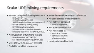 Scalar UDF inlining requirements
• Written using the following constructs
• DECLARE, SET (var
declaration/assignments)
• SELECT (single/multiple var assignments)
• IF/ELSE (arbitrary nesting levels)
• RETURN (single or multiple)
• UDF nested/recursive function calls
• Relational operations like EXISTS, ISNULL
• No invocation of functions that are
• time-dependent (GETDATE())
• has side effects (NEWSEQUENTIALID())
• Uses EXECUTE AS CALLER (default)
• No table variables references
• No table-valued parameters references
• No user-defined types references
• Not natively compiled
• interop supported
• Not a partition function
• Not referenced in
• GROUP BY clauses
• computed columns
• check constraints
• No signatures added to it
 