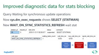 #sqlsat871
Improved diagnostic data for stats blocking
Query Waiting for synchronous update operations
Now sys.dm_exec_requests shows SELECT (STATMAN)
New WAIT_ON_SYNC_STATISTICS_REFRESH wait stat
 