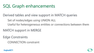 #sqlsat871
SQL Graph enhancements
Derived tables and view support in MATCH queries
Set of nodes/edges using UNION ALL
Useful for heterogeneous entities or connections between them
MATCH support in MERGE
Edge Constraints
CONNECTION constraint
 