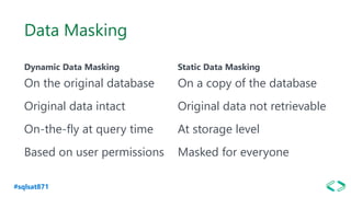 #sqlsat871
Data Masking
Dynamic Data Masking
On the original database
Original data intact
On-the-fly at query time
Based on user permissions
Static Data Masking
On a copy of the database
Original data not retrievable
At storage level
Masked for everyone
 