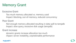 #sqlsat871
Memory Grant
Excessive Grant
Too much memory allocated vs. memory used
Impact: blocking, out-of-memory, reduced concurrency
Poor Grant
Not enough memory allocated resulting in data spill to tempdb
Impact: slow query, excessive disk usage (tempdb)
Grant increase
dynamic grants increase allocation too much
impact: server instability, unpredictable performance
 