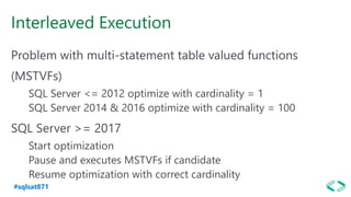 #sqlsat871
Interleaved Execution
Problem with multi-statement table valued functions
(MSTVFs)
SQL Server <= 2012 optimize with cardinality = 1
SQL Server 2014 & 2016 optimize with cardinality = 100
SQL Server >= 2017
Start optimization
Pause and executes MSTVFs if candidate
Resume optimization with correct cardinality
 