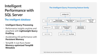 The intelligent database
The Intelligent Query Processing feature family
Intelligent QP
Adaptive QP
Adaptive Joins
Batch Mode
Interleaved
Execution
Memory Grant
Feedback
Row ModeBatch Mode
Table Variable
Deferred Compilation
Approximate QP
Approximate
Count Distinct
Batch Mode for
Row Store
Scalar UDF
inlining
 