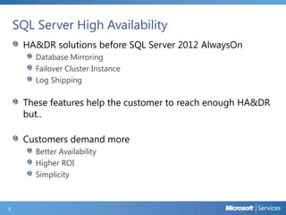 SQL Server High Availability
HA&DR solutions before SQL Server 2012 AlwaysOn
Database Mirroring
Failover Cluster Instance
Log Shipping

These features help the customer to reach enough HA&DR
but..
Customers demand more
Better Availability
Higher ROI
Simplicity

4

 