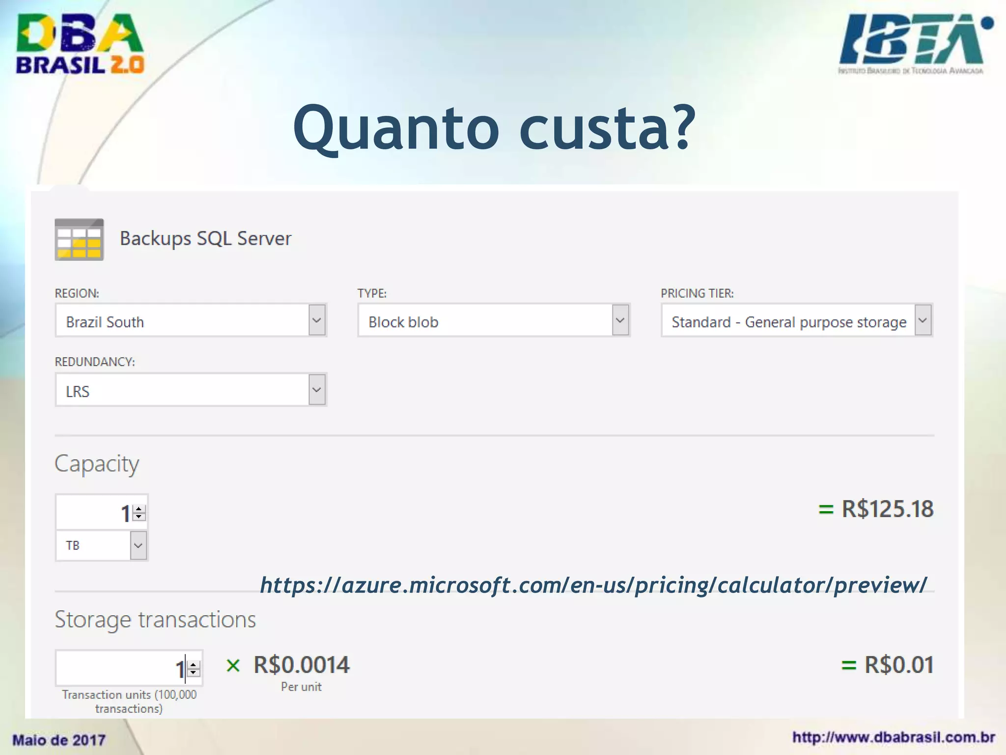 Quanto custa?
https://azure.microsoft.com/en-us/pricing/calculator/preview/
 