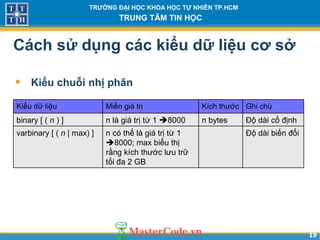 1919
TRƯỜNG ĐẠI HỌC KHOA HỌC TỰ NHIÊN TP.HCM
TRUNG TÂM TIN HỌC
Cách sử dụng các kiểu dữ liệu cơ sở
• Kiểu chuỗi nhị phân
Kiểu dữ liệu Miền giá trị Kích thước Ghi chú
binary [ ( n ) ] n là giá trị từ 1 8000 n bytes Độ dài cố định
varbinary [ ( n | max) ] n có thể là giá trị từ 1
8000; max biểu thị
rằng kích thước lưu trữ
tối đa 2 GB
Độ dài biến đổi
 