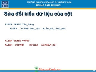 2929
TRƯỜNG ĐẠI HỌC KHOA HỌC TỰ NHIÊN TP.HCM
TRUNG TÂM TIN HỌC
Sửa đổi kiểu dữ liệu của cộtSửa đổi kiểu dữ liệu của cột
ALTER TABLE Tên_bảng
ALTER COLUMN Tên_cột Kiểu_dữ_liệu_mới
ALTER TABLE VATTU
ALTER COLUMN Dvtinh VARCHAR(20)
 