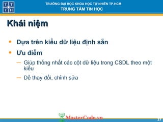 3737
TRƯỜNG ĐẠI HỌC KHOA HỌC TỰ NHIÊN TP.HCM
TRUNG TÂM TIN HỌC
Khái niệmKhái niệm
• Dựa trên kiểu dữ liệu định sẵn
• Ưu điểm
− Giúp thống nhất các cột dữ liệu trong CSDL theo một
kiểu
− Dễ thay đổi, chỉnh sửa
 