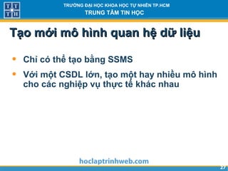 2727
TRƯỜNG ĐẠI HỌC KHOA HỌC TỰ NHIÊN TP.HCM
TRUNG TÂM TIN HỌC
Tạo mới mô hình quan hệ dữ liệuTạo mới mô hình quan hệ dữ liệu
• Chỉ có thể tạo bằng SSMS
• Với một CSDL lớn, tạo một hay nhiều mô hình
cho các nghiệp vụ thực tế khác nhau
 