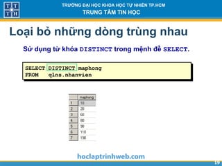 1919
TRƯỜNG ĐẠI HỌC KHOA HỌC TỰ NHIÊN TP.HCM
TRUNG TÂM TIN HỌC
Loại bỏ những dòng trùng nhau
Sử dụng từ khóa DISTINCT trong mệnh đề SELECT.
SELECT DISTINCT maphong
FROM qlns.nhanvien
 