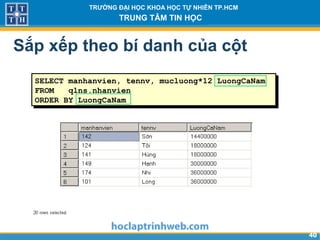4040
TRƯỜNG ĐẠI HỌC KHOA HỌC TỰ NHIÊN TP.HCM
TRUNG TÂM TIN HỌC
Sắp xếp theo bí danh của cột
SELECT manhanvien, tennv, mucluong*12 LuongCaNam
FROM qlns.nhanvien
ORDER BY LuongCaNam
…
 