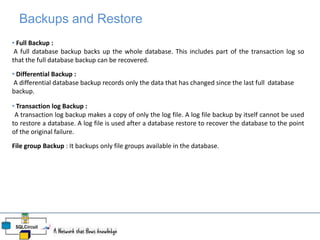 Backups and Restore
• Full Backup :
A full database backup backs up the whole database. This includes part of the transact...