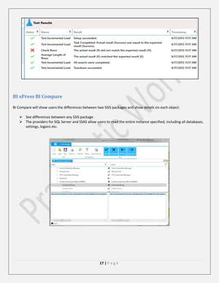 BI xPress BI Compare
BI Compare will show users the differences between two SSIS packages and show details on each object.
 See differences between any SSIS package
 The providers for SQL Server and SSAS allow users to read the entire instance specified, including all databases,
settings, logons etc.

17 | P a g e

 