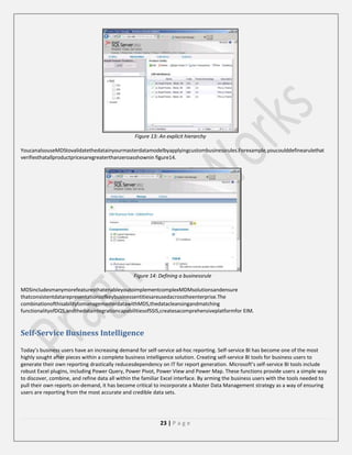 Figure 13: An explicit hierarchy
YoucanalsouseMDStovalidatethedatainyourmasterdatamodelbyapplyingcustombusinessrules.Forexample,youcoulddefinearulethat
verifiesthatallproductpricesaregreaterthanzeroasshownin figure14.

Figure 14: Defining a businessrule
MDSincludesmanymorefeaturesthatenableyoutoimplementcomplexMDMsolutionsandensure
thatconsistentdatarepresentationsofkeybusinessentitiesareusedacrosstheenterprise.The
combinationofthisabilitytomanagemasterdatawithMDS,thedatacleansingandmatching
functionalityofDQS,andthedataintegrationcapabilitiesofSSIS,createsacomprehensiveplatformfor EIM.

Self-Service Business Intelligence
Today’s business users have an increasing demand for self-service ad-hoc reporting. Self-service BI has become one of the most
highly sought after pieces within a complete business intelligence solution. Creating self-service BI tools for business users to
generate their own reporting drastically reducesdependency on IT for report generation. Microsoft’s self-service BI tools include
robust Excel plugins, including Power Query, Power Pivot, Power View and Power Map. These functions provide users a simple way
to discover, combine, and refine data all within the familiar Excel interface. By arming the business users with the tools needed to
pull their own reports on-demand, it has become critical to incorporate a Master Data Management strategy as a way of ensuring
users are reporting from the most accurate and credible data sets.

23 | P a g e

 