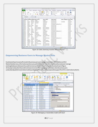 Figure 18: Data cleansing resultsin Microsoft Excel

Empowering Business Users to Manage Master Data
Excelisalsotheprimarytoolfromwhichbusinessuserscanmanagemasterdata.WithSQLServer2012
MasterDataServices,informationworkerscanusetheMDSAdd-InforMicrosoftExceltocreateand manage
existingdatabaseordatawarehousedimensionsandhierarchiesfromwithinExcelasshowninfigure
19.Excelprovidesafamiliarandintuitiveenvironmentformanagingmasterdata wherebusinessusers
canbuildandpublishmasterdatamodelsquicklyandefficiently,withoutspecialistsupportfromITor externalconsultants.

Figure 19: Managing a masterdata model with Excel

25 | P a g e

 