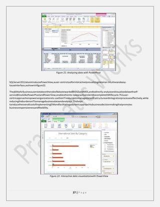 Figure 21: Analyzing data with PowerPivot

SQLServer2012alsointroducesPowerView,auser-centrictoolforinteractivelyvisualizingdatainan intuitiveandeasytouseinterface,asshowninfigure22.
TheabilityforbusinessuserstotakeontheroleofdatastewardwithDQSandMDS,andtodirectly analyzeandvisualizedatawithselfserviceBItoolslikePowerPivotandPowerView,enablesthemto takeanactiveroleinthecompleteEIMlifecycle.Thisusercentricapproachempowersorganizationsto usetheirITresourcestomanagedatainfrastructureandintegrationprocesseseffectively,while
reducingtheburdenonITtomanagebusinessdataandanalytics. Thishelps
toreducetheoverallcostofimplementingEIMandfacilitatingadynamicapproachtobusinessdecisionmakingthatpromotes
businessresponsivenessandflexibility.

Figure 22: Interactive data visualizationwith PowerView

27 | P a g e

 