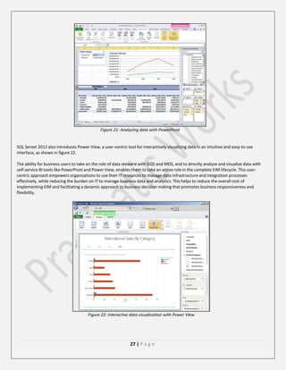 Figure 21: Analyzing data with PowerPivot

SQL Server 2012 also introduces Power View, a user-centric tool for interactively visualizing data in an intuitive and easy-to use
interface, as shown in figure 22.
The ability for business users to take on the role of data steward with DQS and MDS, and to directly analyze and visualize data with
self-service BI tools like PowerPivot and Power View, enables them to take an active role in the complete EIM lifecycle. This usercentric approach empowers organizations to use their IT resources to manage data infrastructure and integration processes
effectively, while reducing the burden on IT to manage business data and analytics. This helps to reduce the overall cost of
implementing EIM and facilitating a dynamic approach to business decision making that promotes business responsiveness and
flexibility.

Figure 22: Interactive data visualization with Power View

27 | P a g e

 