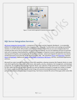 Figure 1: A user-centric approach to business decision making

SQL Server Integration Services
SQL Server Integration Services (SSIS) - a component of SQL Server and the Pragmatic Workbench - is an extensible
platform for building high performance data integration (ETL - Extraction, Transformation and Loading) and workflow
solutions. In an EIM context, SSIS provides a workflow and data flow engine that you can use to integrate data from
virtually any data source into an ecosystem for business decision making. You can use Integration Services to automate
tasks such as copying or downloading files, sending e-mail messages in response to events, updating data warehouses,
cleaning and mining data, and managing SQL Server objects and data. Unlock and integrate the data from any industry
standard third party source like SQL Server, Oracle, Teradata, DB2, SAP, SharePoint Source and Destination, Dynamics
Source and Destination, Saleforce.com Source and Destination, Email Source, XML Source, real time, cloud-based applications,
and more.
Microsoft has made it possible to extend the native SSIS capabilities, allowing companies like Pragmatic Works to create
tools which significantly enhance SSIS performance, data quality, security, compliance, SLA management, and developer
productivity. An example of this is through Pragmatic Works’ own collection of high-performance components and tasks
for SSIS, called Task Factory. SQL Server provides you with the ﬂexibility and power to manage your simple or complex
ETL Projects using native SSIS features, but certain things still cannot be accomplished easily or are impossible to
perform without extensive knowledge of programming. Task Factory instantly fills some of these gaps within native SSIS.

7|Page

 