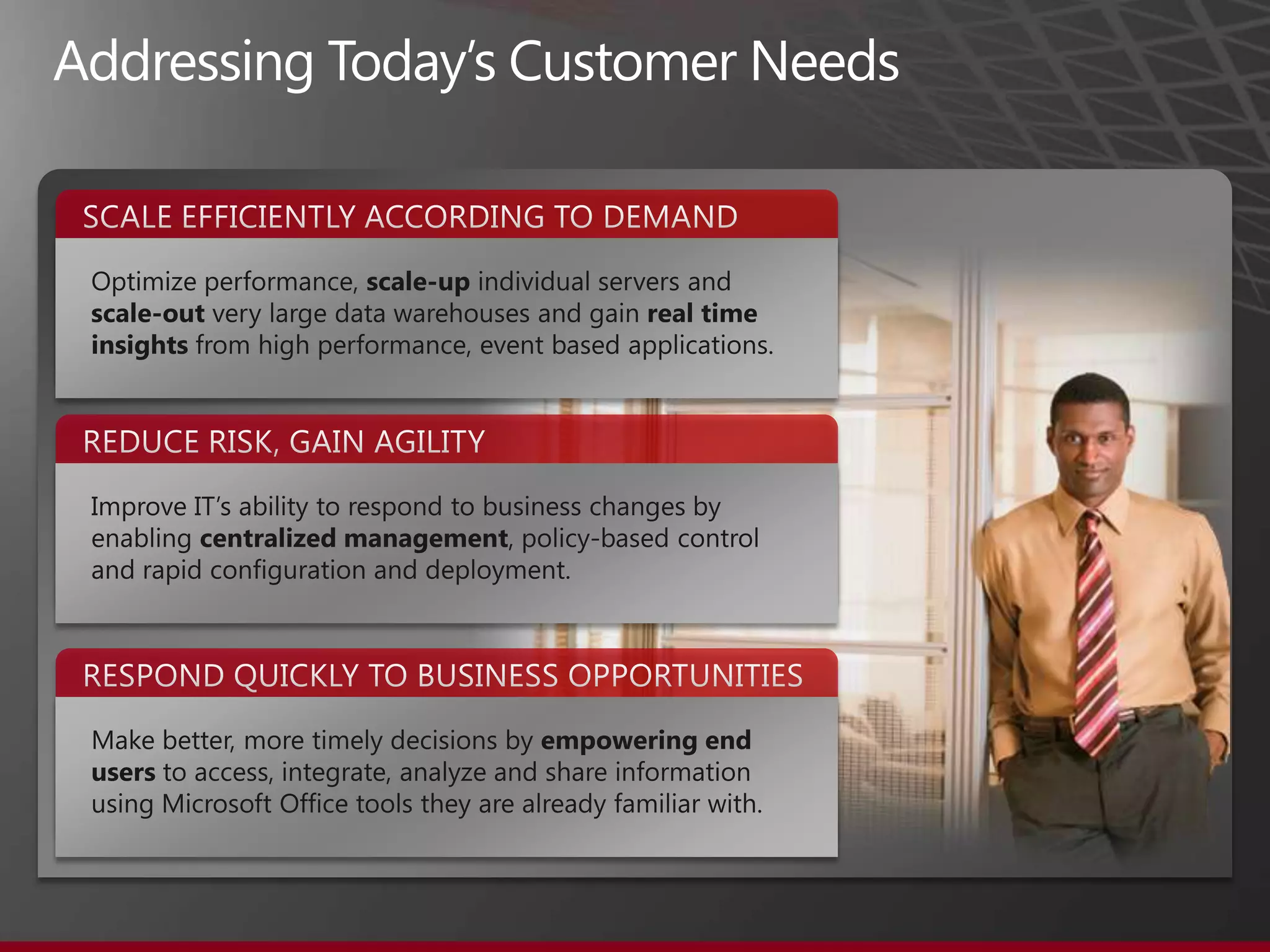 SCALE EFFICIENTLY ACCORDING TO DEMANDAddressing Today’s Customer NeedsOptimize performance, scale-up individual servers and scale-out very large data warehouses and gain real time insights from high performance, event based applications.REDUCE RISK, GAIN AGILITYImprove IT’s ability to respond to business changes by enabling centralized management, policy-based control and rapid configuration and deployment.RESPOND QUICKLY TO BUSINESS OPPORTUNITIESMake better, more timely decisions by empowering end users to access, integrate, analyze and share information using Microsoft Office tools they are already familiar with.