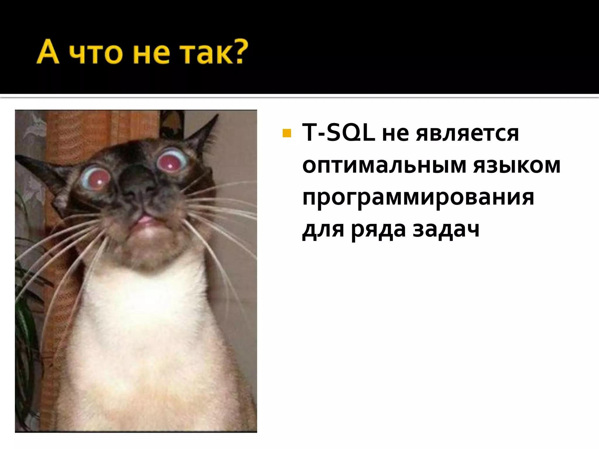    T-SQL не является
    оптимальным языком
    программирования
    для ряда задач
 