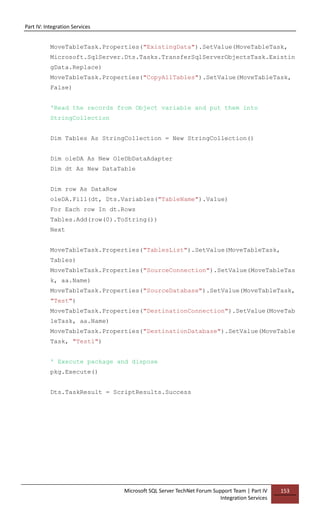 Part IV: Integration Services
Microsoft SQL Server TechNet Forum Support Team | Part IV
Integration Services
153
MoveTableTask.Properties("ExistingData").SetValue(MoveTableTask,
Microsoft.SqlServer.Dts.Tasks.TransferSqlServerObjectsTask.Existin
gData.Replace)
MoveTableTask.Properties("CopyAllTables").SetValue(MoveTableTask,
False)
'Read the records from Object variable and put them into
StringCollection
Dim Tables As StringCollection = New StringCollection()
Dim oleDA As New OleDbDataAdapter
Dim dt As New DataTable
Dim row As DataRow
oleDA.Fill(dt, Dts.Variables("TableName").Value)
For Each row In dt.Rows
Tables.Add(row(0).ToString())
Next
MoveTableTask.Properties("TablesList").SetValue(MoveTableTask,
Tables)
MoveTableTask.Properties("SourceConnection").SetValue(MoveTableTas
k, aa.Name)
MoveTableTask.Properties("SourceDatabase").SetValue(MoveTableTask,
"Test")
MoveTableTask.Properties("DestinationConnection").SetValue(MoveTab
leTask, aa.Name)
MoveTableTask.Properties("DestinationDatabase").SetValue(MoveTable
Task, "Test1")
' Execute package and dispose
pkg.Execute()
Dts.TaskResult = ScriptResults.Success
 