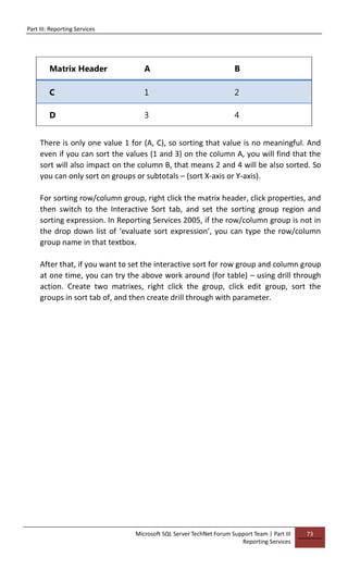 Part III: Reporting Services
Microsoft SQL Server TechNet Forum Support Team | Part III
Reporting Services
73
Matrix Header A B
C 1 2
D 3 4
There is only one value 1 for (A, C), so sorting that value is no meaningful. And
even if you can sort the values (1 and 3) on the column A, you will find that the
sort will also impact on the column B, that means 2 and 4 will be also sorted. So
you can only sort on groups or subtotals – (sort X-axis or Y-axis).
For sorting row/column group, right click the matrix header, click properties, and
then switch to the Interactive Sort tab, and set the sorting group region and
sorting expression. In Reporting Services 2005, if the row/column group is not in
the drop down list of ‘evaluate sort expression’, you can type the row/column
group name in that textbox.
After that, if you want to set the interactive sort for row group and column group
at one time, you can try the above work around (for table) – using drill through
action. Create two matrixes, right click the group, click edit group, sort the
groups in sort tab of, and then create drill through with parameter.
 