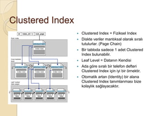 Clustered Index
 Clustered Index = Fiziksel Index
 Diskte veriler mantıksal olarak sıralı
tutulurlar. (Page Chain)
 Bir tabloda sadece 1 adet Clustered
Index bulunabilir.
 Leaf Level = Datanın Kendisi
 Ada göre sıralı bir telefon defteri
Clustered Index için iyi bir örnektir.
 Otomatik artan (Identity) bir alana
Clustered Index tanımlanması bize
kolaylık sağlayacaktır.
 