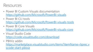 https://github.com/Microsoft/PowerBI-visuals
https://github.com/Microsoft/PowerBI-visuals-tools
https://github.com/Microsoft/PowerBI-visuals-core
https://code.visualstudio.com/download
https://marketplace.visualstudio.com/items?itemName=liprec.v
scode-start-pbiviz
 