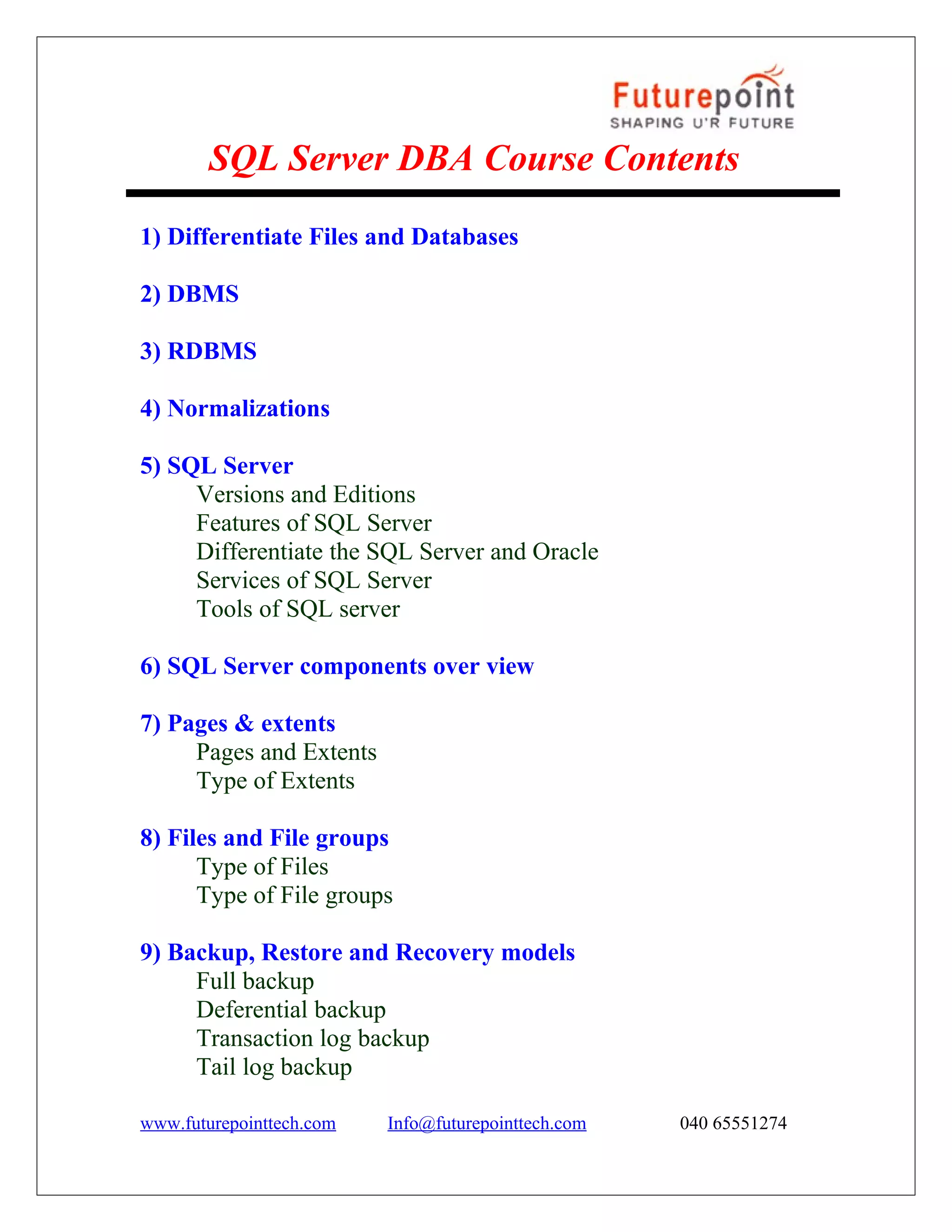 Sql server dba training | DOC