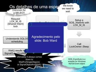 We know
       Os detalhes de uma espera we need to
          Common for
                                                         wait
           a SELECT

         Request
                                                                Setup a
        LCK_M_IS
                                     A conflict exists      SOS_WaitInfo with
      (Shared Intent)
                                                              LCK_M_IS
           lock



                                Agradecimento pelo
 Understands SQLOS
     scheduling                  slide: Bob Ward
                                         Use
                                                                 Call
                                    SOS_EventAuto
                                                            LockOwner::Sleep
                                     class to wait
   Wait() results in
SignalObjectAndWait()
              Ultimately it always comes
                       down to                             SOS_EventAuto is a
                WaitForSingleObject()                      wrapper for Windows
                                                           Kernel Event object
              or SignalObjectAndWait()
9 |          Footer Goes Here
 