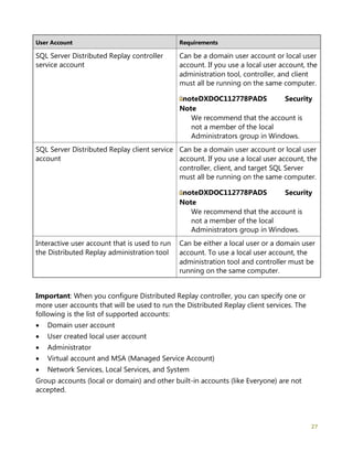 27
User Account Requirements
SQL Server Distributed Replay controller
service account
Can be a domain user account or local user
account. If you use a local user account, the
administration tool, controller, and client
must all be running on the same computer.
noteDXDOC112778PADS Security
Note
We recommend that the account is
not a member of the local
Administrators group in Windows.
SQL Server Distributed Replay client service
account
Can be a domain user account or local user
account. If you use a local user account, the
controller, client, and target SQL Server
must all be running on the same computer.
noteDXDOC112778PADS Security
Note
We recommend that the account is
not a member of the local
Administrators group in Windows.
Interactive user account that is used to run
the Distributed Replay administration tool
Can be either a local user or a domain user
account. To use a local user account, the
administration tool and controller must be
running on the same computer.
Important: When you configure Distributed Replay controller, you can specify one or
more user accounts that will be used to run the Distributed Replay client services. The
following is the list of supported accounts:
• Domain user account
• User created local user account
• Administrator
• Virtual account and MSA (Managed Service Account)
• Network Services, Local Services, and System
Group accounts (local or domain) and other built-in accounts (like Everyone) are not
accepted.
 