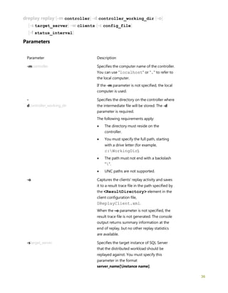 36
dreplay replay [-m controller] -d controller_working_dir [-o]
[-s target_server] -w clients [-c config_file]
[-f status_interval]
Parameters
Parameter Description
-mcontroller Specifies the computer name of the controller.
You can use "localhost" or "." to refer to
the local computer.
If the -m parameter is not specified, the local
computer is used.
-
dcontroller_working_dir
Specifies the directory on the controller where
the intermediate file will be stored. The -d
parameter is required.
The following requirements apply:
• The directory must reside on the
controller.
• You must specify the full path, starting
with a drive letter (for example,
c:WorkingDir).
• The path must not end with a backslash
"".
• UNC paths are not supported.
-o Captures the clients' replay activity and saves
it to a result trace file in the path specified by
the <ResultDirectory> element in the
client configuration file,
DReplayClient.xml.
When the –o parameter is not specified, the
result trace file is not generated. The console
output returns summary information at the
end of replay, but no other replay statistics
are available.
-starget_server Specifies the target instance of SQL Server
that the distributed workload should be
replayed against. You must specify this
parameter in the format
server_name[instance name].
 