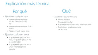Explicación más técnica
• Alto Nivel — es una VM liviana
• Propio proceso
• Propia red interfaz
• Puede ejecutar cosascomo administrador
• Puede tener propia estructura
de archivos
Por qué
• Ejecutar en cualquier lugar
• Independientemente de
núcleo Versión (2.6.32
+)
• Independientemente de host-
distro
• Física ovirtual, nube o no
• Ejecutar cualquier cosa
• Si que puede ejecutar en la
host, se puede ejecutar en
la contenedor
• Si que puede ejecutar en un
Linux entonces puede
ejecutar
Qué
 