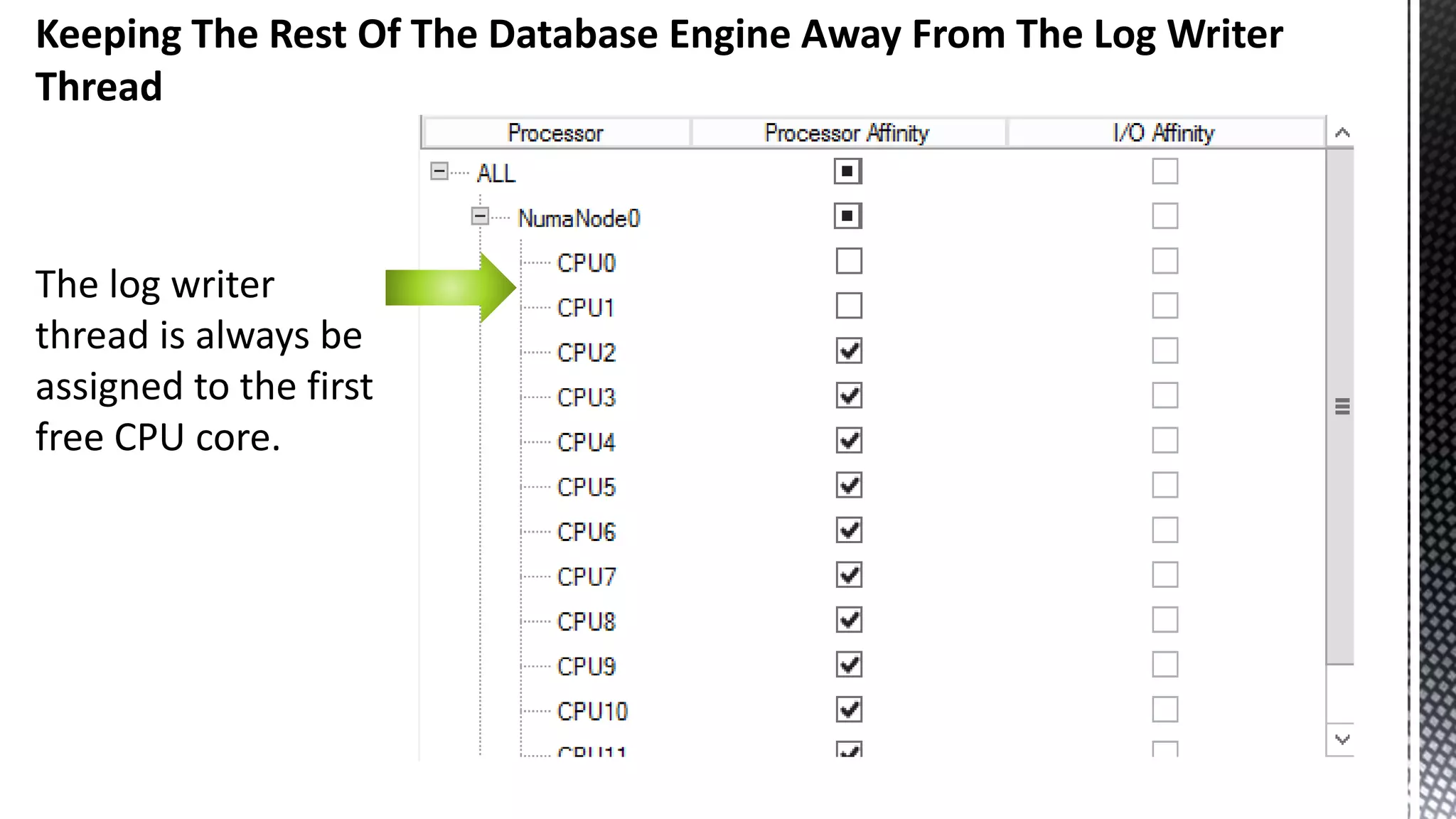 Keeping The Rest Of The Database Engine Away From The Log Writer Thread The log writer thread is always be assigned to the first free CPU core. 