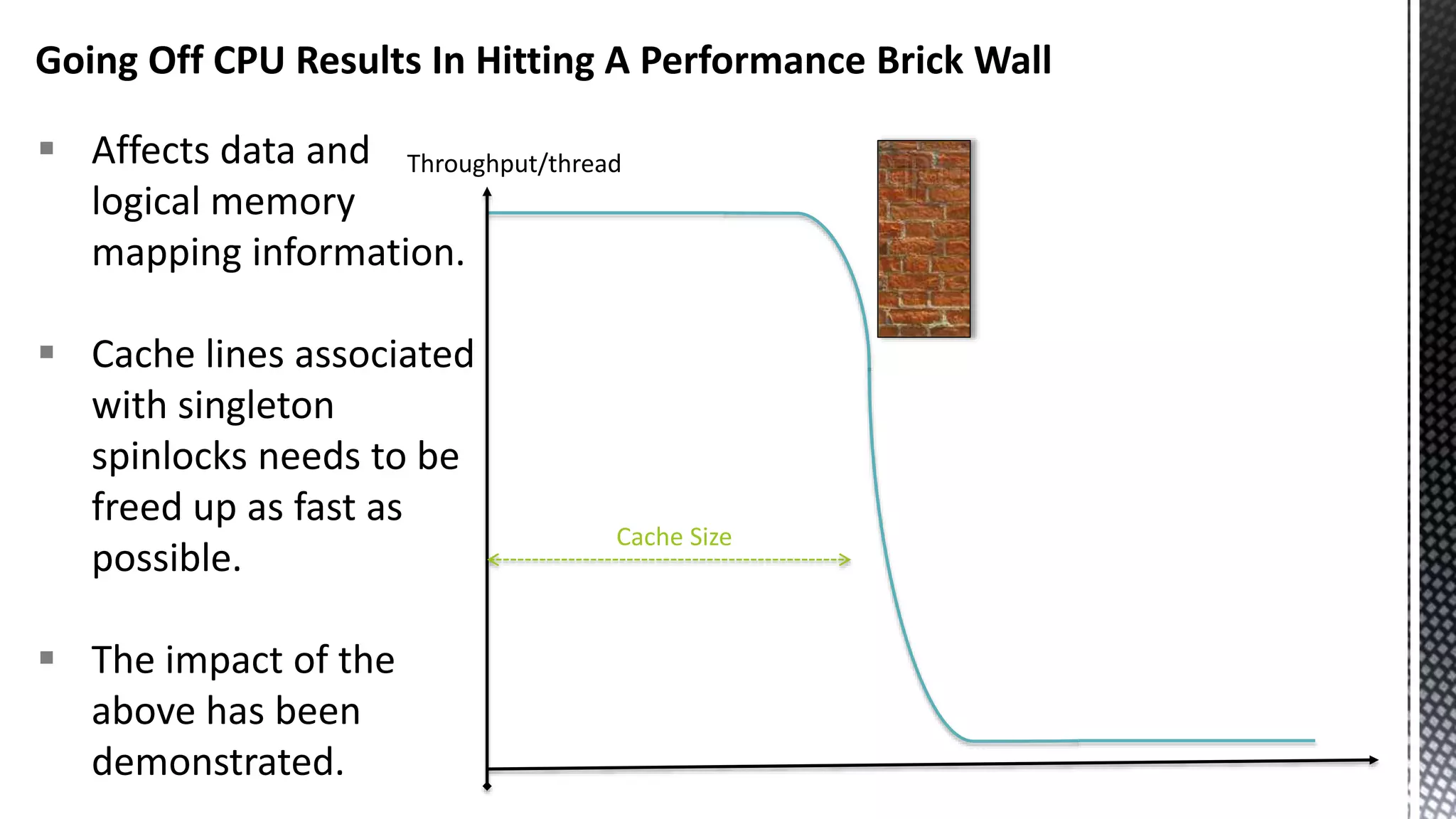 Going Off CPU Results In Hitting A Performance Brick Wall  Affects data and logical memory mapping information.  Cache lines associated with singleton spinlocks needs to be freed up as fast as possible.  The impact of the above has been demonstrated. Throughput/thread Cache Size 