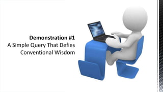 Demonstration #1
A Simple Query That Defies
Conventional Wisdom
 