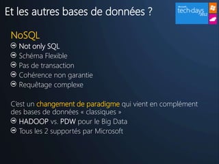 Et les autres bases de données ?

 NoSQL
   Not only SQL
   Schéma Flexible
   Pas de transaction
   Cohérence non garantie
   Requêtage complexe

 C’est un changement de paradigme qui vient en complément
 des bases de données « classiques »
    HADOOP vs. PDW pour le Big Data
    Tous les 2 supportés par Microsoft
 