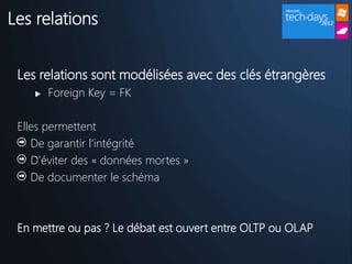 Les relations


 Les relations sont modélisées avec des clés étrangères
       Foreign Key = FK

 Elles permettent
    De garantir l’intégrité
    D’éviter des « données mortes »
    De documenter le schéma



 En mettre ou pas ? Le débat est ouvert entre OLTP ou OLAP
 