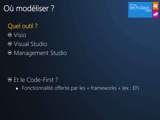 Où modéliser ?

 Quel outil ?
  Visio
  Visual Studio
  Management Studio



  Et le Code-First ?
      Fonctionnalité offerte par les « frameworks » (ex : EF)
 