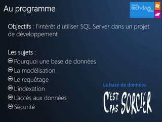 Au programme

 Objectifs : l’intérêt d’utiliser SQL Server dans un projet
 de développement

 Les sujets :
   Pourquoi une base de données
   La modélisation
   Le requêtage
                                        La base de données
   L’indexation
   L’accès aux données
   Sécurité
 