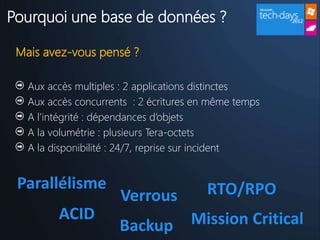 Pourquoi une base de données ?

 Mais avez-vous pensé ?

   Aux accès multiples : 2 applications distinctes
   Aux accès concurrents : 2 écritures en même temps
   A l’intégrité : dépendances d’objets
   A la volumétrie : plusieurs Tera-octets
   A la disponibilité : 24/7, reprise sur incident


 Parallélisme                           RTO/RPO
                      Verrous
         ACID
                      Backup Mission Critical
 