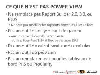 CE QUE N’EST PAS POWER VIEW
•Ne remplace pas Report Builder 2.0, 3.0, ou
 BIDS
 • Ne sera pas modifier les rapports constr...