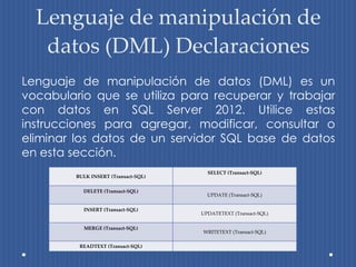Lenguaje de manipulación de
   datos (DML) Declaraciones
Lenguaje de manipulación de datos (DML) es un
vocabulario que se utiliza para recuperar y trabajar
con datos en SQL Server 2012. Utilice estas
instrucciones para agregar, modificar, consultar o
eliminar los datos de un servidor SQL base de datos
en esta sección.
                                        SELECT (Transact-SQL)
         BULK INSERT (Transact-SQL)

           DELETE (Transact-SQL)
                                        UPDATE (Transact-SQL)

           INSERT (Transact-SQL)
                                      UPDATETEXT (Transact-SQL)

           MERGE (Transact-SQL)
                                      WRITETEXT (Transact-SQL)

          READTEXT (Transact-SQL)
 