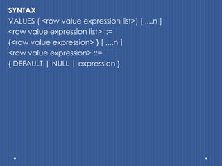 SYNTAX
VALUES ( <row value expression list>) [ ,...n ]
<row value expression list> ::=
{<row value expression> } [ ,...n ]
<row value expression> ::=
{ DEFAULT | NULL | expression }
 