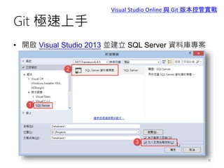Git 極速上手
• 開啟 Visual Studio 2013 並建立 SQL Server 資料庫專案
6
Visual Studio Online 與 Git 版本控管實戰
 