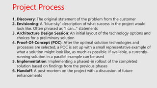1. Discovery: The original statement of the problem from the customer
2. Envisioning: A "blue-sky" description of what success in the project would
look like. Often phrased as "I can..." statements
3. Architecture Design Session: An initial layout of the technology options and
choices for a preliminary solution
4. Proof-Of-Concept (POC): After the optimal solution technologies and
processes are selected, a POC is set up with a small representative example of
what a solution might look like, as much as possible. If available, a currently-
running solution in a parallel example can be used
5. Implementation: Implementing a phased-in rollout of the completed
solution based on findings from the previous phases
6. Handoff: A post-mortem on the project with a discussion of future
enhancements
Project Process
 