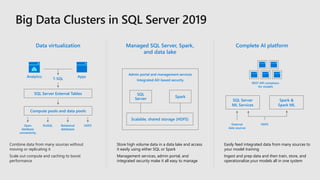 Managed SQL Server, Spark,
and data lake
Store high volume data in a data lake and access
it easily using either SQL or Spark
Management services, admin portal, and
integrated security make it all easy to manage
SQL
Server
Data virtualization
Combine data from many sources without
moving or replicating it
Scale out compute and caching to boost
performance
T-SQL
Analytics Apps
Open
database
connectivity
NoSQL Relational
databases
HDFS
Complete AI platform
Easily feed integrated data from many sources to
your model training
Ingest and prep data and then train, store, and
operationalize your models all in one system
SQL Server External Tables
Compute pools and data pools
Spark
Scalable, shared storage (HDFS)
External
data sources
Admin portal and management services
Integrated AD-based security
SQL Server
ML Services
Spark &
Spark ML
HDFS
REST API containers
for models
 