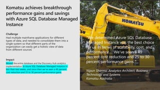 Challenge
Had multiple mainframe applications for different
types of data, and needed to consolidate them into a
single system so that different parts of the
organization can easily get a holistic view of data
from different sources
Impact
Moved the entire database and the Discovery Hub analytics
implementation to Azure SQL Database Managed Instance in
less than two weeks, and since then we’ve seen a 49 percent
cost reduction and 25 to 30 percent performance gains.
“We determined Azure SQL Database
Managed Instance was the best choice
for us in terms of scalability, cost, and
performance.… We’ve seen a 49
percent cost reduction and 25 to 30
percent performance gains..”
Nipun Sharma: Analytics Architect, Business
Technology and Systems
Komatsu Australia
 
