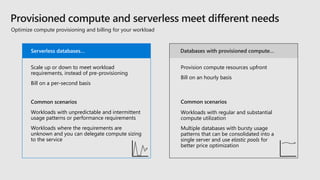 Workloads with unpredictable and intermittent
usage patterns or performance requirements
Workloads where the requirements are
unknown and you can delegate compute sizing
to the service
Common scenarios
Scale up or down to meet workload
requirements, instead of pre-provisioning
Bill on a per-second basis
Optimize compute provisioning and billing for your workload
Serverless databases…
Workloads with regular and substantial
compute utilization
Multiple databases with bursty usage
patterns that can be consolidated into a
single server and use elastic pools for
better price optimization
Common scenarios
Provision compute resources upfront
Bill on an hourly basis
Databases with provisioned compute…
 